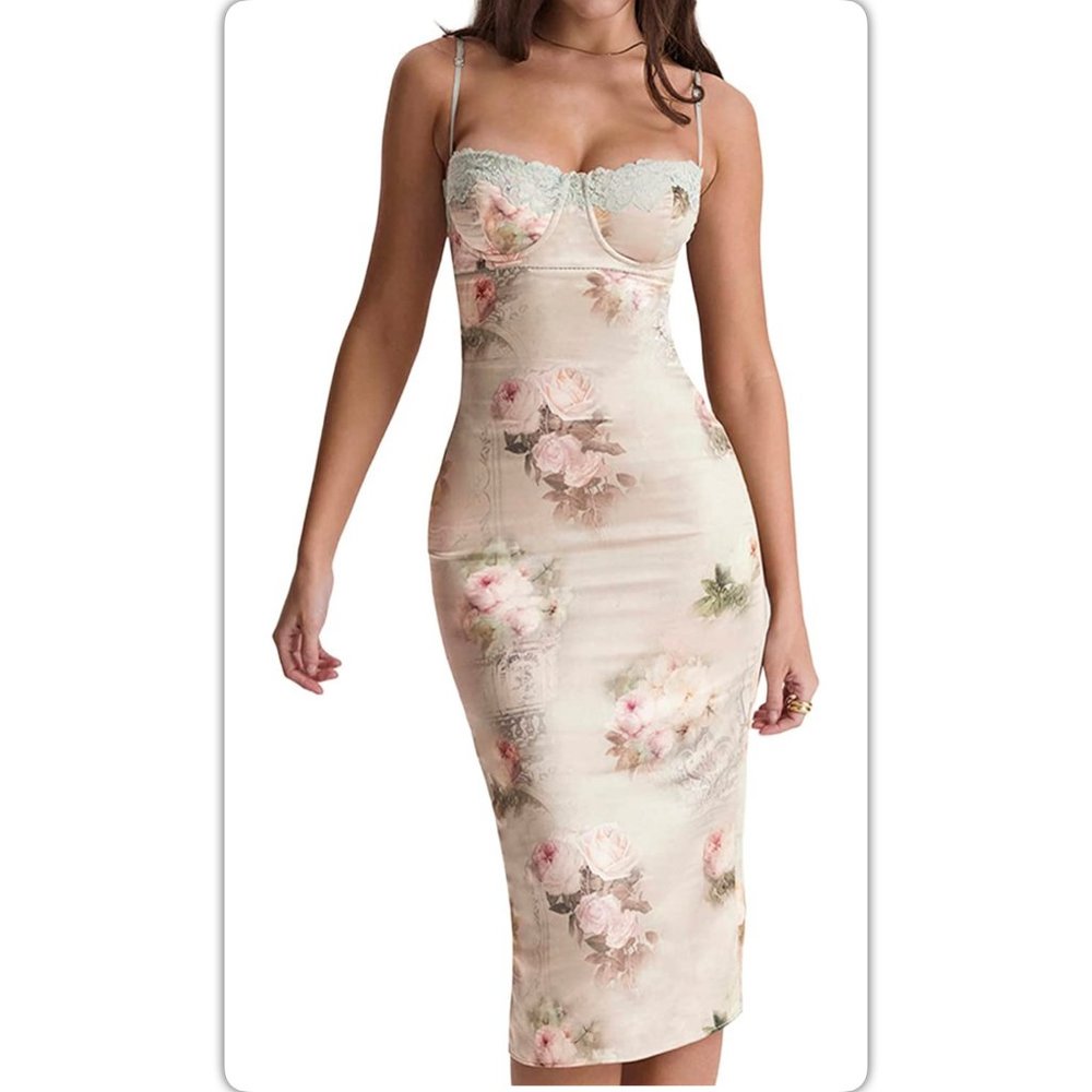 Vintage Spaghetti Strap Maxi Bodycon Floral Print Dress